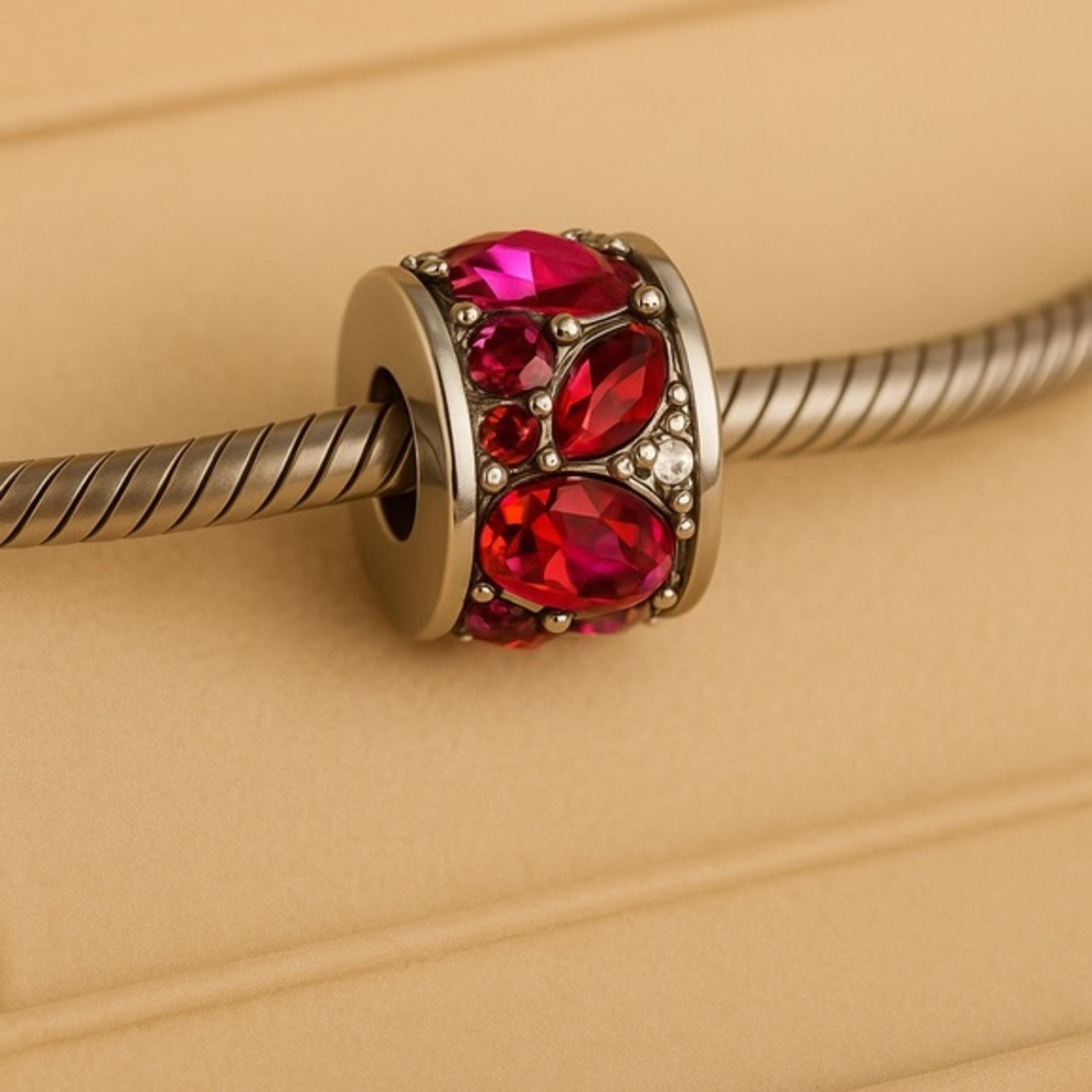 Chamilia Mosaic Bead – Unique Red/Fuchsia Stones .925 Silver Charm Bead EUC #199
